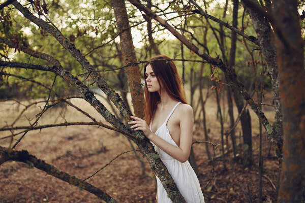 Beautiful woman in white dress leaned on a tree trunk on nature in the forest. High quality photo