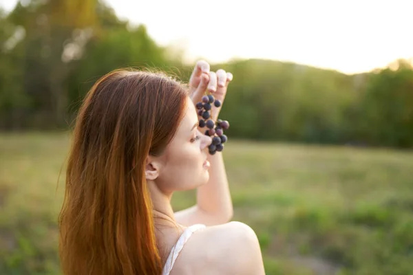 Mujer encantadora con una vid de uvas al aire libre en un prado —  Fotos de Stock
