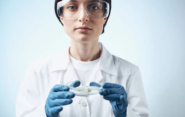 Femme en blouse médicale et lunettes tient une fiole avec une plante dans sa main biologie botanique médecine — Photo