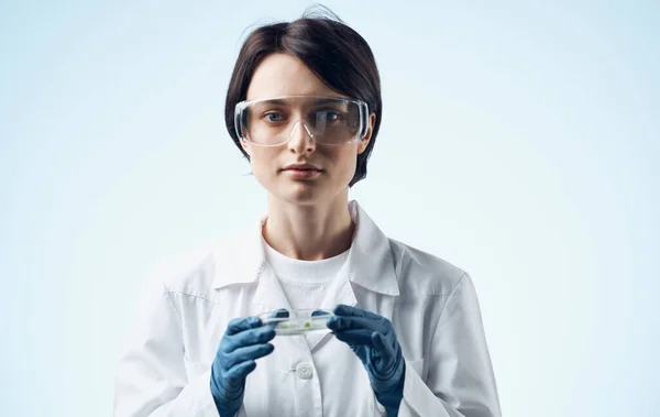 Жінка в медичній сукні і окулярах тримає колбу з рослиною в руці біологія ботаніка медицина — стокове фото