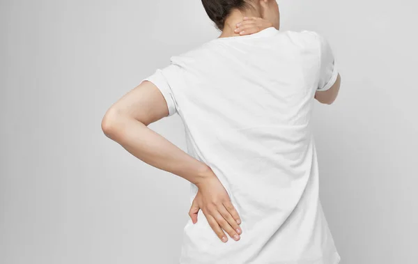 Woman holding neck health problems discomfort medicine treatment — Stock Photo, Image