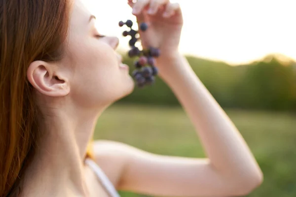 Mujer encantadora con una vid de uvas al aire libre en un prado —  Fotos de Stock