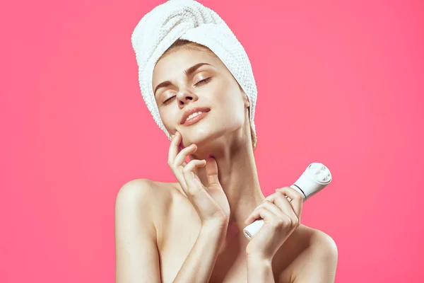 Attractive Women Naked Shoulders Towel Head Massager Hands Skin Care — Stock Photo, Image