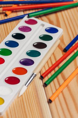 çok renkli boya fırçaları okul masaüstü nesneleri çiziyor