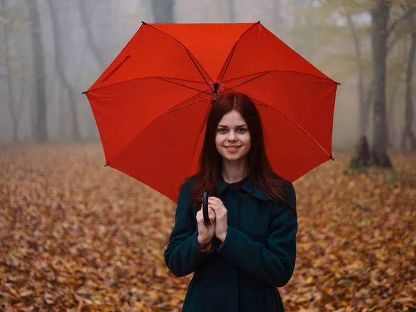 Nő piros esernyővel a parkban ősszel Sárga levelek sétálnak a ködben — Stock Fotó