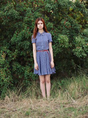 Çalılıkların yanındaki parkta kırmızı böğürtlenli ve mavi elbiseli bir kadın.