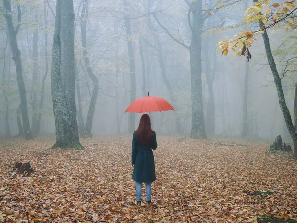 Femme avec parapluie rouge dans le brouillard d'automne feuilles jaunes air frais — Photo