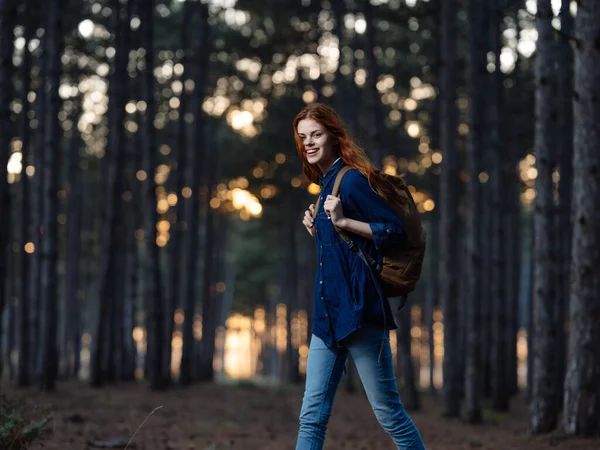 Mujer viajando Entre árboles en el bosque en otoño y puesta de sol en el fondo —  Fotos de Stock