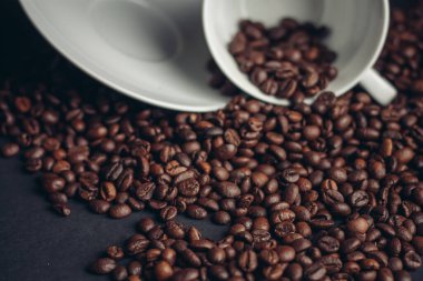 Kahverengi fasulyeli kahve fincanı gri arka plan yakın plan makro fotoğrafçılık.
