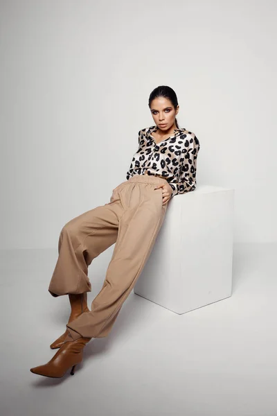 Mujer en ropa de moda camisa de leopardo glamour maquillaje brillante — Foto de Stock