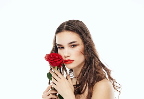 Bájos nő vörös rózsa barna napszemüveg — Stock Fotó