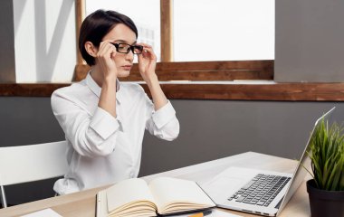 Miras, ofisteki masada oturur. Bir saksı ve not defterinde defter çiçeği açar.