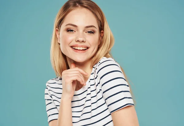 Portrait of happy woman on blue background smile beautiful face model emotions — Stock Photo, Image