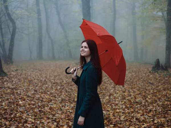Csinos nő piros esernyő ősszel a természet sárga levelek séta — Stock Fotó