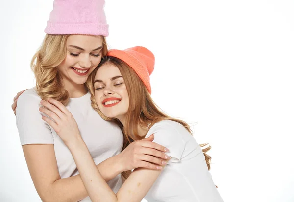 Two female friends hug communication fashion glamor lifestyle — Stock Photo, Image