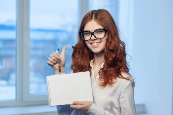 Business woman with notepad in hands documents work in office Másolás hely — Stock Fotó