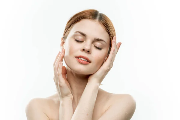 Woman holding glamor face attractive look naked shoulders closed eyes — Stock Photo, Image