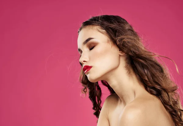 Attraktive Frau Modell Brünette Rote Lippen abgeschnitten Ansicht — Stockfoto