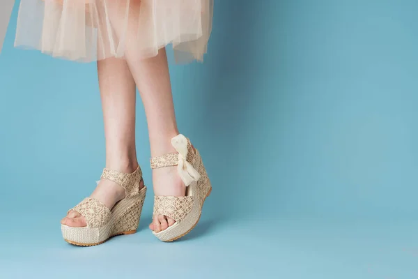 Dámské nohy boty modré pozadí módní oblečení elegantní styl — Stock fotografie