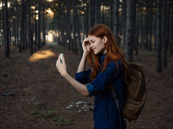 Una mujer viaja en un bosque de pinos con un teléfono móvil en la mano —  Fotos de Stock
