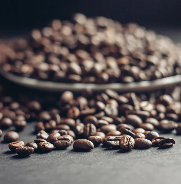 Kávová zrna pít aroma a bílý talíř pohár šedé pozadí — Stock fotografie