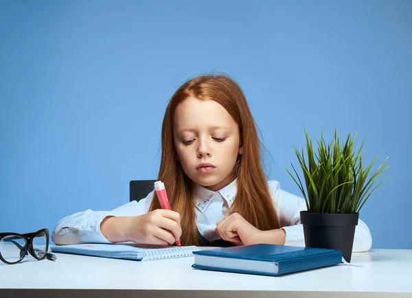 女の子は学校の机に座ってライフスタイルのレッスンをして — ストック写真