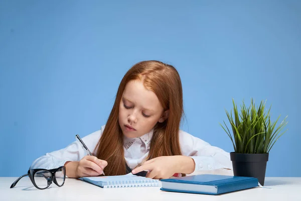 Menina sentada em uma mesa da escola e fazendo aulas de estilo de vida — Fotografia de Stock