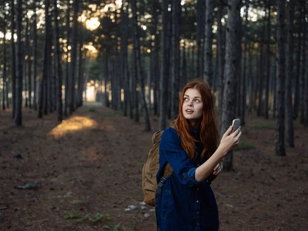 Mujer feliz en bosque de pinos con teléfono móvil navegador modelo turístico —  Fotos de Stock