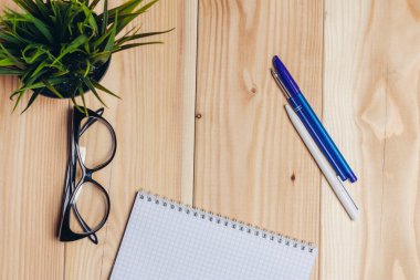 Not defteri kalem doküman masa gözlüğü çiçek saksı ofisi