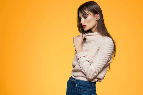 Lindo maquillaje morena labios rojos ropa de moda fondo amarillo — Foto de Stock