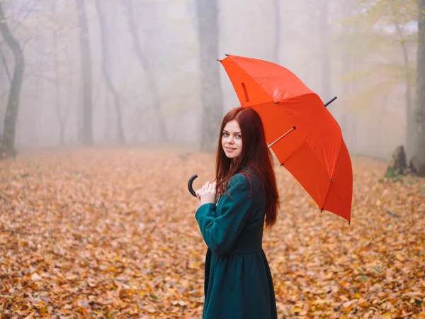Nő piros esernyővel a parkban ősszel Sárga levelek sétálnak a ködben — Stock Fotó