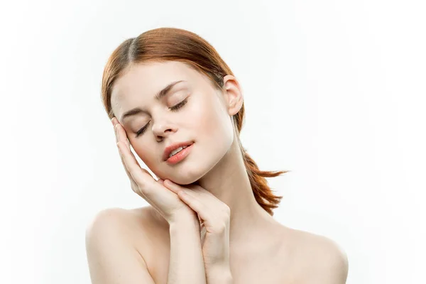 Woman holding hands on face glamor sexy closed eyes — Stock Photo, Image