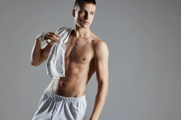 Athletic Guy Finish With Muscular Body Towel On Shoulders Cropped View Studio — Fotografia de Stock