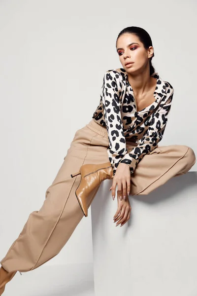 Woman in fashion clothes bright makeup leopard shirt Studio — Fotografia de Stock