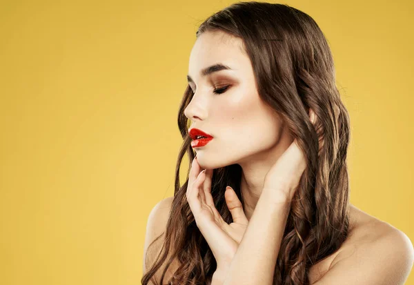 Schöne Frau mit roten Lippen dunkles Haar brünett Modell — Stockfoto
