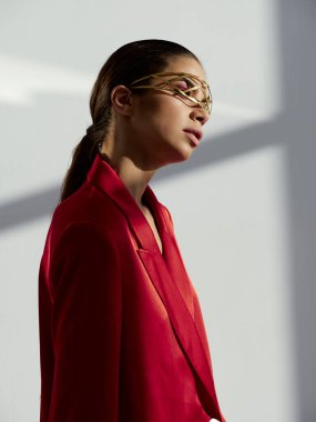 pretty brunette face decoration bright makeup red jacket fashion