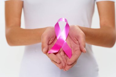 woman holding ribbon charity studio medicine care
