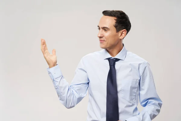 Business man in shirt with tie gesturing with hand emotions — Stok fotoğraf