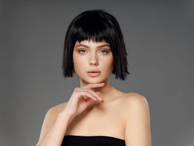 pretty brunette naked shoulders bright makeup attractive look model