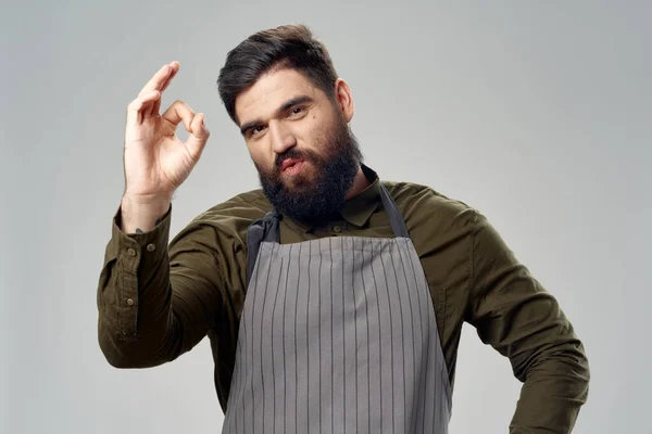 Bearded man in apron barbershop service lifestyle — Stok Foto