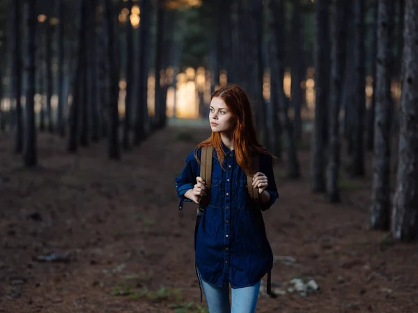 Žena turistka procházka v lese v blízkosti borovic v přírodě — Stock fotografie