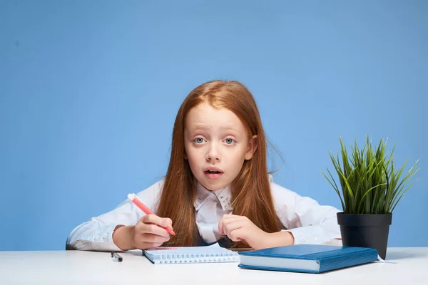 赤い髪の女子学生が授業をする学校生活を学ぶ — ストック写真