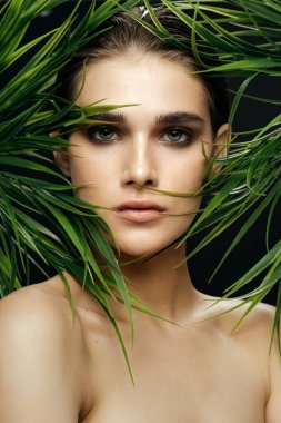 Stüdyo resimleri. Palmiye yapraklarının arasında çıplak omuzlar. Doğal görünüş.