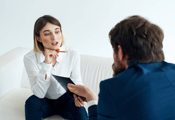 Woman and man suit documents communication people vacancies resume