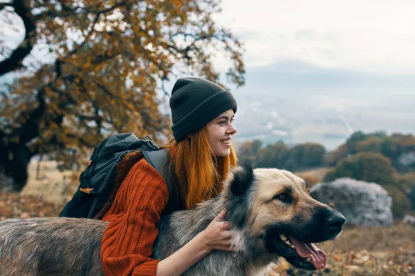 Doğa yürüyüşçüsüyle köpek gezisi arkadaşlık manzarası — Stok fotoğraf