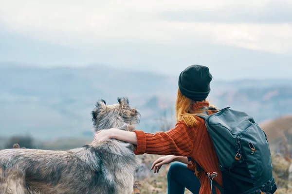 Жінка пішки біля собаки гори подорожують відпусткою — стокове фото