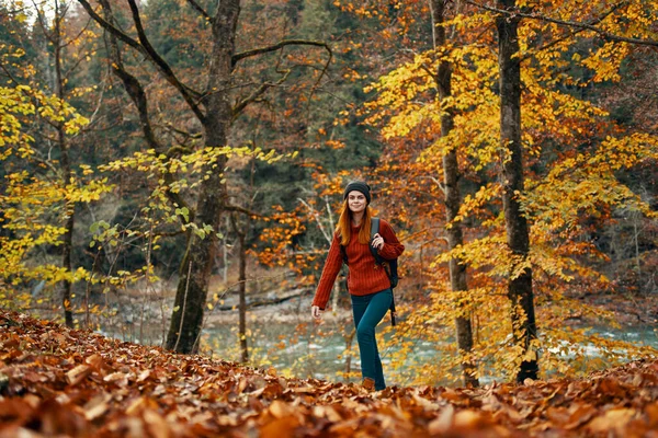 Woman travels in autumn forest in nature landscape yellow leaves on trees tourism river lake — Stock Photo, Image