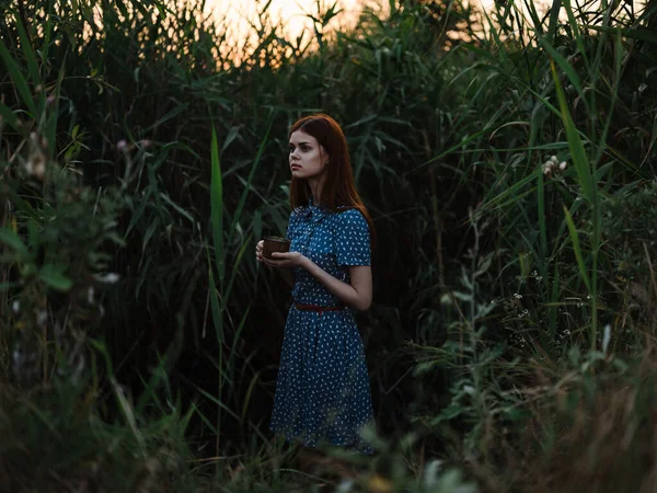 Γυναίκα σε μπλε φόρεμα το βράδυ κοντά στο πράσινο γρασίδι σε εξωτερικούς χώρους — Φωτογραφία Αρχείου