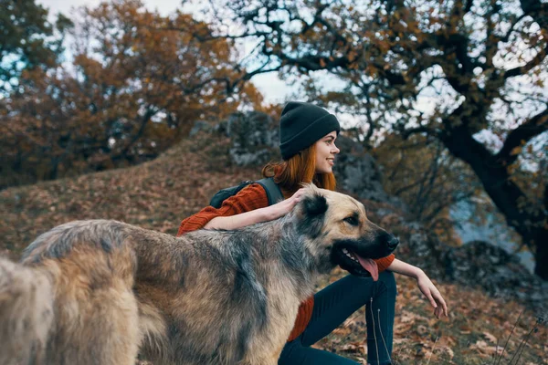 Mulher caminhante ao lado do cão na natureza viajar paisagem — Fotografia de Stock