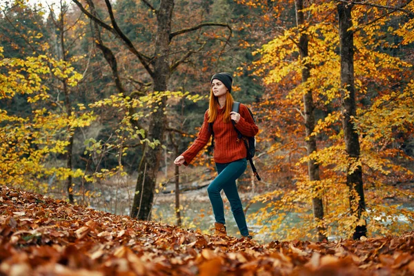 Femme touriste marche à travers le parc en automne avec un sac à dos sur le dos et de grands arbres paysage rivière lac — Photo